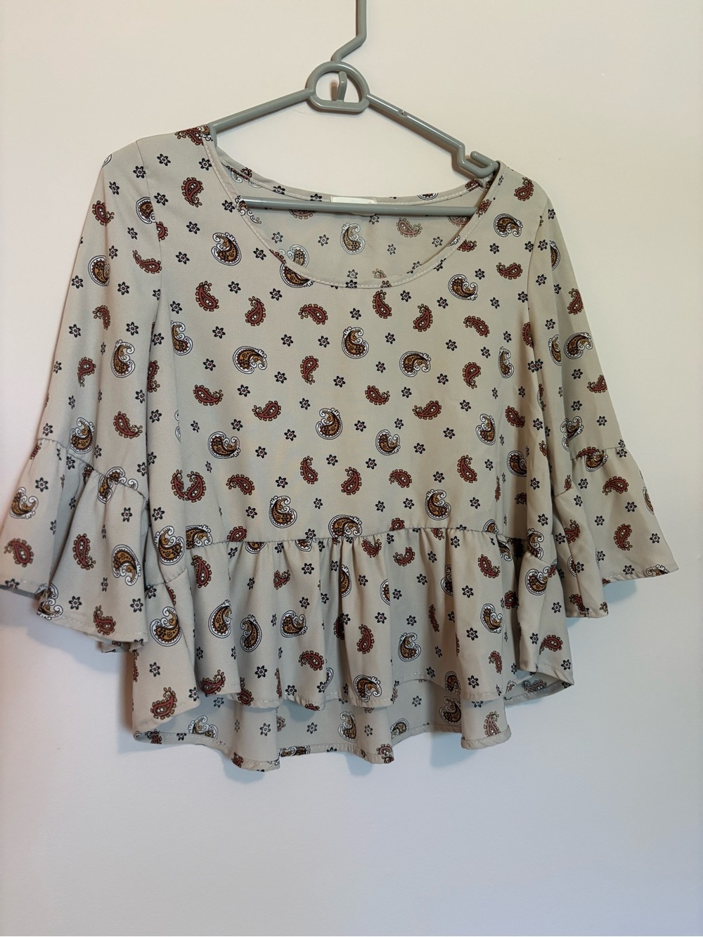 Cream Paisley Peplum Bell-Sleeve Blouse